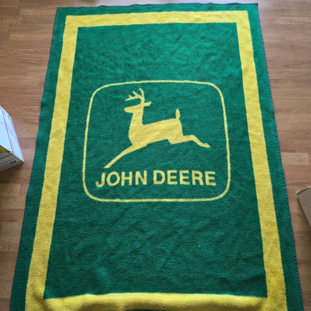 Vintage John Deere Biederlack Blanket Reversible Green Yellow Logo 80x52 Throw